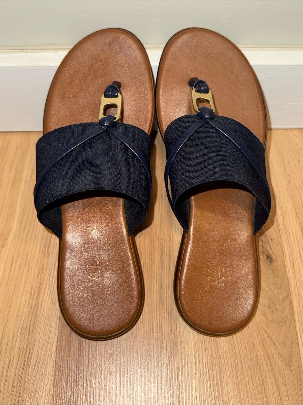 Italian Shoemakers Navy Slide Sandals with Gold Accent